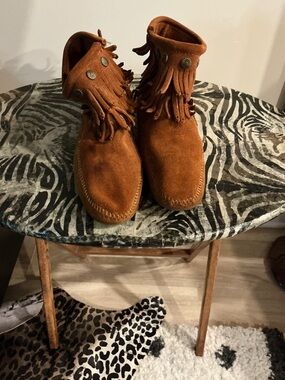 Minnetonka Suede Fringe Ankle Boots - Rust